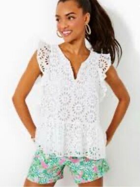 Lilly Pulitzer Jerilyn White Eyelet Crochet V-Neck Flutter Sleeve Camisole